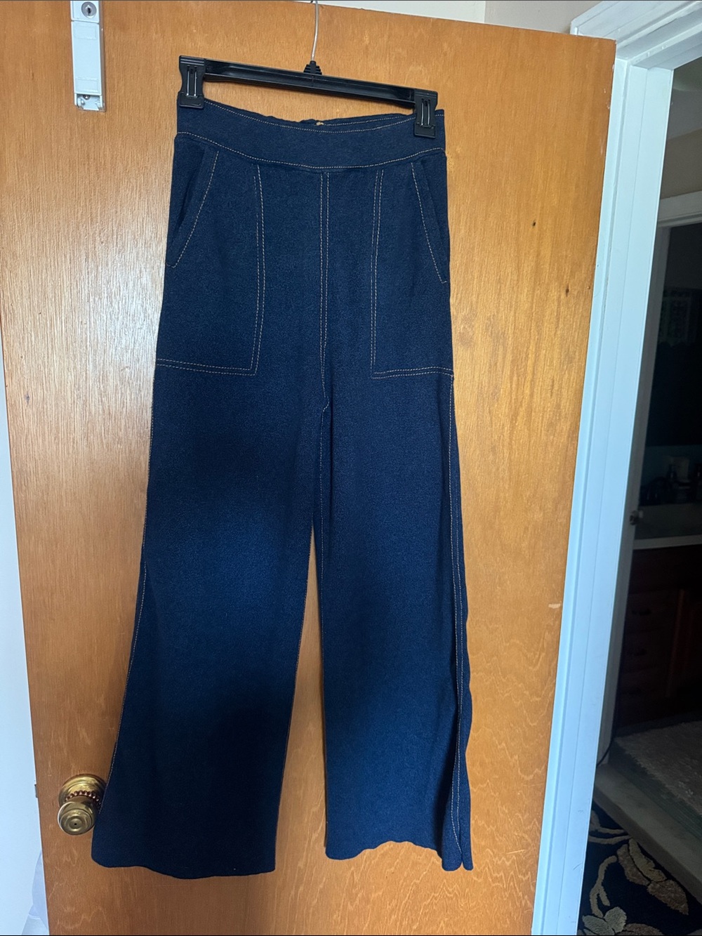 Zara Dark Navy Wide-Leg Flare stretchy pull on Jeans with Contrast Stitching